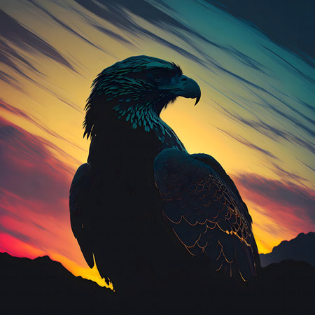 A majestic eagle silhouetted against a vibrant sunset. Freedom and power are evoked.の写真素材
