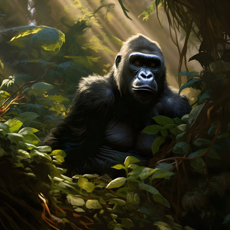 A powerful gorilla sits amidst lush rainforest foliage, bathed in sunlight. A captivating image of wildlife.の写真素材