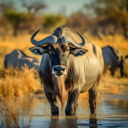 A striking blue wildebeest stands in shallow water, showing its impressive horns and powerful build against a sunlit savanna backdrop.の写真素材