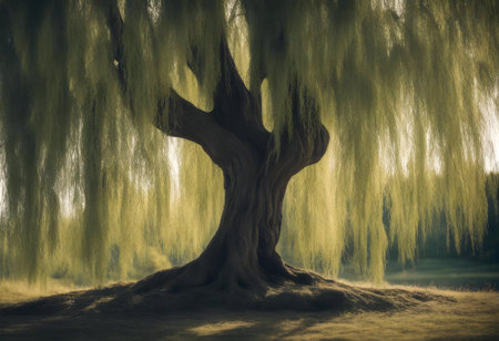 A majestic weeping willow tree bathed in morning sunlight. Peaceful and serene nature photography.の写真素材