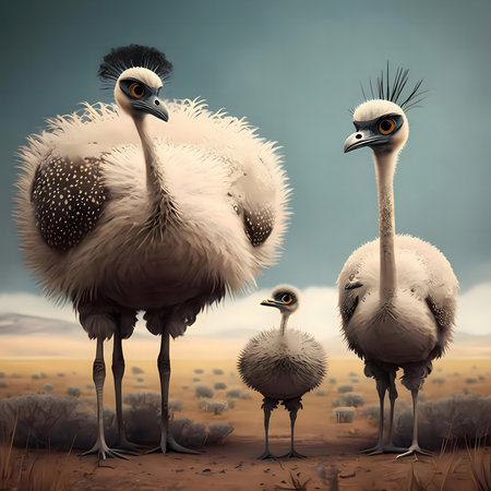 Adorable fluffy ostrich family portrait in a scenic savannah setting.の写真素材