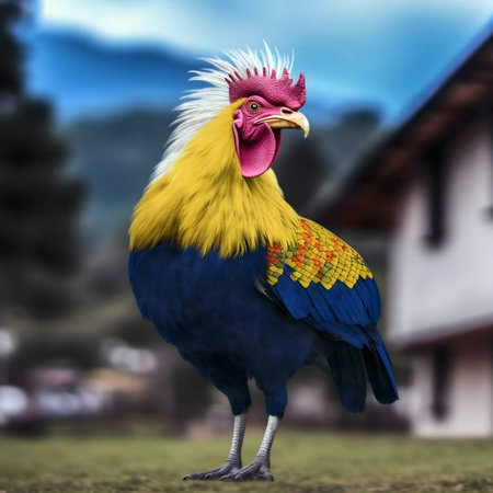 A vibrant rooster stands out against a blurry mountain backdrop. Its plumage displays a stunning...