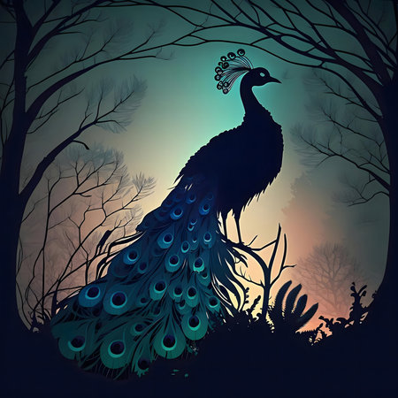 A regal peacock silhouette stands in a dark forest, creating a mysterious and beautiful scene.の写真素材