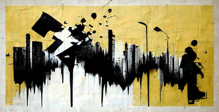Abstract urban graffiti art. Black and white cityscape on a yellow background.