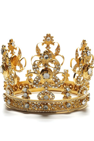 A close-up of an exquisite gold crown adorned with shimmering crystals.