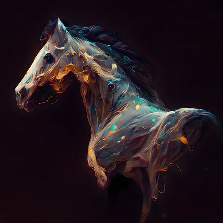 A digital painting of a horse, rendered in vibrant, flowing colors against a dark backdrop. The style is surreal and abstract.の写真素材