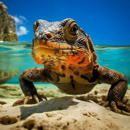 Close-up of an iguana partially submerged in crystal-clear water, near a rocky shore.の写真素材