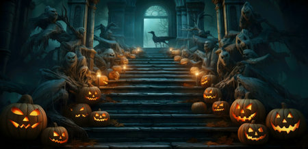 A chilling Halloween scene with carved pumpkins and spooky figures.の写真素材
