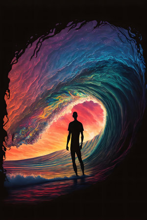 A solitary figure stands within a colossal, colorful wave, gazing at a cosmic scene. Surreal artwork.の写真素材