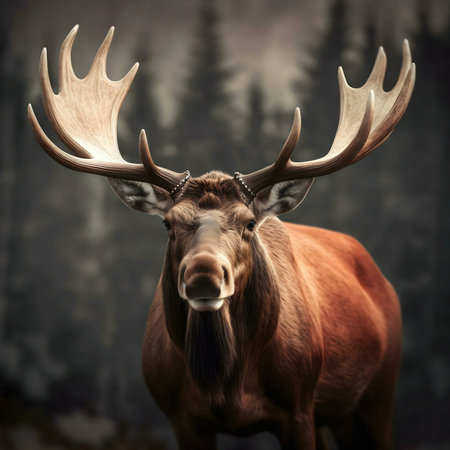 A majestic moose portrait, showing its impressive antlers against a mysterious forest backdrop.の写真素材