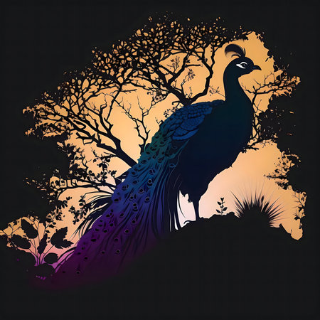 A regal peacock silhouette against a vibrant sunset backdrop, surrounded by dark trees.の写真素材