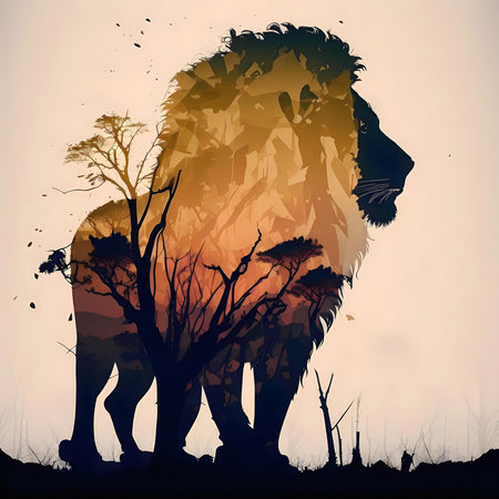 A stunning double exposure image of a lion with a beautiful African sunset.の写真素材