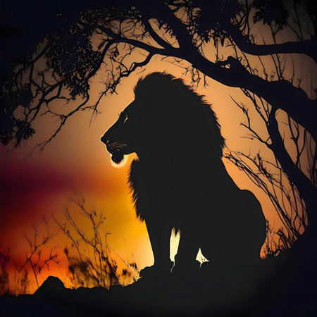 A majestic lion silhouette against a vibrant African sunset.の写真素材