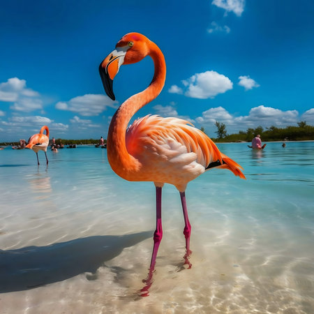 A vibrant pink flamingo stands in shallow, clear water. The beach, other flamingos, and blue sky create a tropical paradise scene.の写真素材