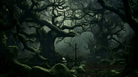 Mysterious, mossy forest path with an old grave. Dark, fantasy setting.