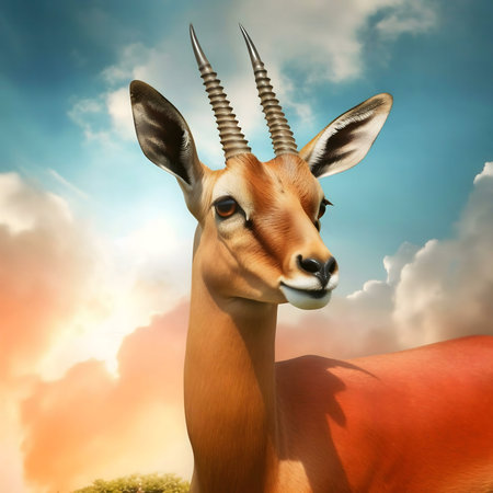 A stunning impala gazes serenely against a vibrant African sunset.の写真素材