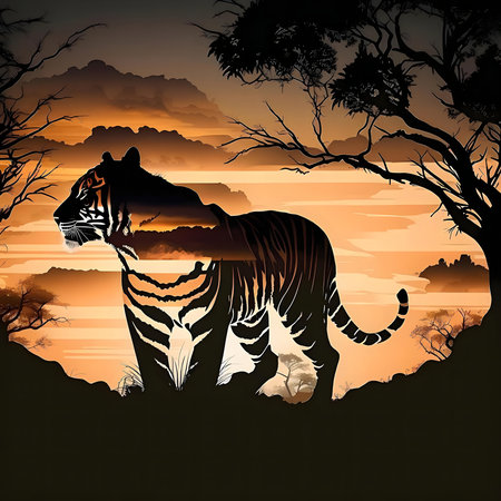 A majestic tiger silhouette against a stunning sunset, showcasing the beauty of nature.