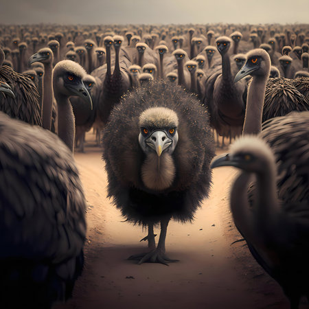 A single, imposing bird stands defiantly before a vast flock of ostriches in a desert setting.の写真素材