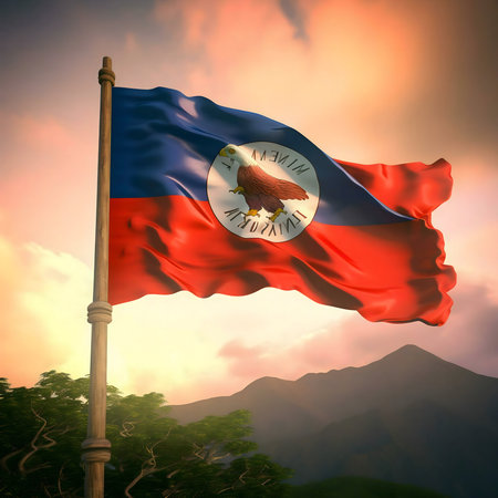 Haitian flag waving proudly at sunset, a vibrant display of national pride.の写真素材