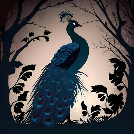 A stunning peacock silhouette in a mystical forest setting.の写真素材