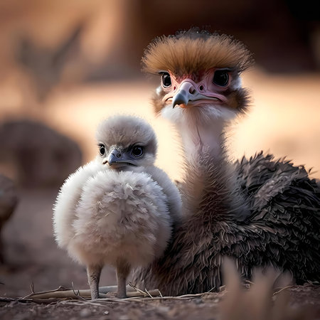 Two adorable ostrich chicks, one larger and one smaller, posing for a close-up shot. Warm, soft light enhances their fluffy feathers.の写真素材