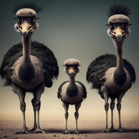 Humorous digital art depicting a family of three ostriches. They stare intensely at the camera.の写真素材