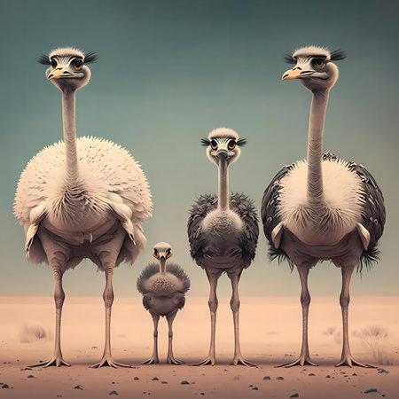 Four adorable ostriches pose for a delightful family portrait, against a sandy backdrop.の写真素材