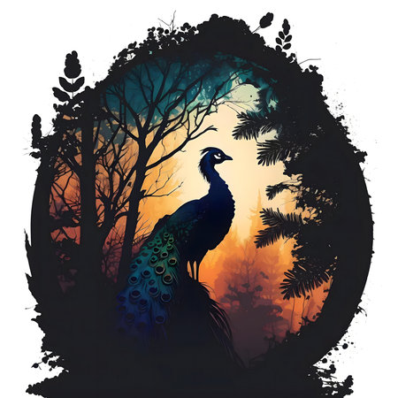 A beautiful peacock stands silhouetted against a sunset backdrop in a dark forest.の写真素材