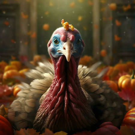 A striking close-up of a Thanksgiving turkey amidst pumpkinsの写真素材