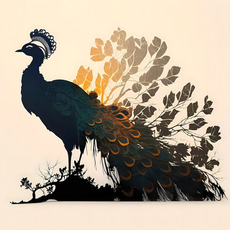 A digital artwork showcasing a majestic peacock silhouette against a backdrop of leaves and branches.の写真素材