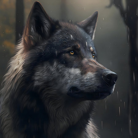 Digital painting of a wolf in the rain. Dark, moody atmosphere.