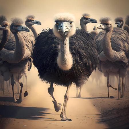 A majestic ostrich leads a group of birds across a sandy path.の写真素材