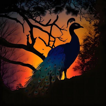 Peacock silhouette against a vibrant sunset. Beautiful nature art.の写真素材