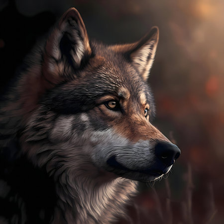 A digital painting of a majestic gray wolf, looking thoughtfully into the distance. Autumnal colors...