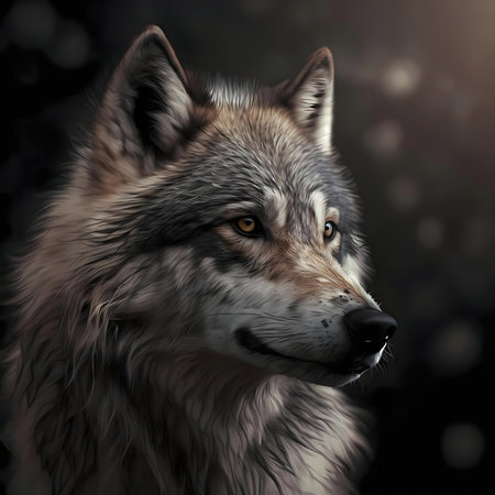 Digital painting of a majestic gray wolf. Intense gaze and detailed fur.