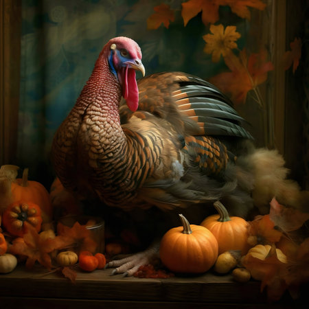 A stunning still life showcasing a majestic turkey surrounded by autumn pumpkins and leaves. A classic Thanksgiving image.の写真素材