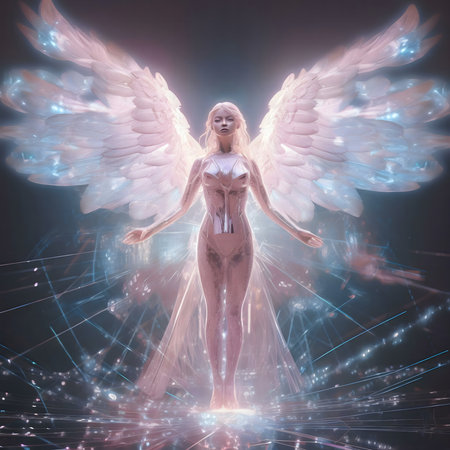 Digital art depicting a luminous angel with large wings.の写真素材