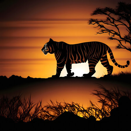 Tiger silhouette at sunset in African savanna.の写真素材