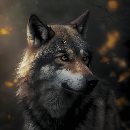 A stunning digital painting of a wolf in an autumnal forest. The wolf's intense gaze and the warm...