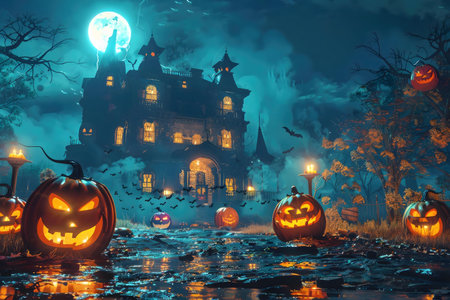 A spooky Halloween night scene featuring a haunted mansion and glowing jack-o'-lanterns.の写真素材