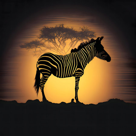 A majestic zebra silhouetted against a vibrant African sunset.の写真素材
