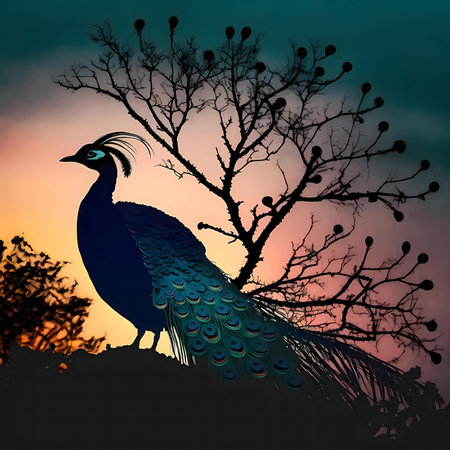 A stunning peacock silhouette against a vibrant sunset. Peaceful scene.の写真素材