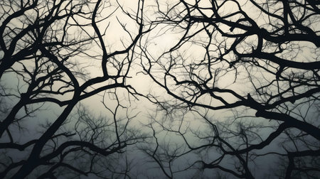 A low angle view of bare tree branches silhouetted against a foggy sky. The image evokes a sense of mystery and quiet.の写真素材