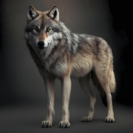 Digital portrait of a majestic gray wolf, standing against a dark background. The image highlights...