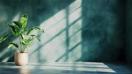 A vibrant green plant in a beige pot sits against a teal wall bathed in sunlight. The image evokes a...