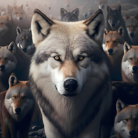 A powerful alpha wolf stares intensely, surrounded by its pack. A stunning digital painting.の写真素材