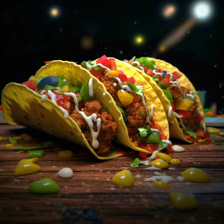 Three mouthwatering tacos adorned with colorful toppings, set against a cosmic backdrop.の写真素材