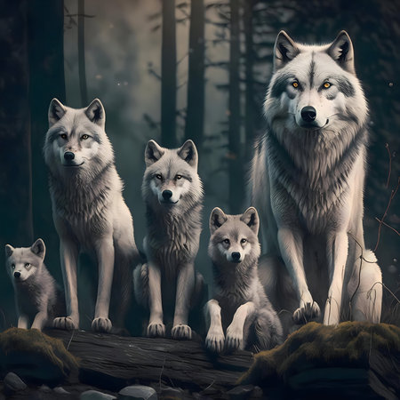 A breathtaking digital painting of a wolf family in a dark forest.の写真素材