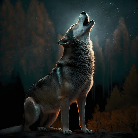 A lone wolf howls at the moon under a starry night sky. Dark forest in the background.の写真素材