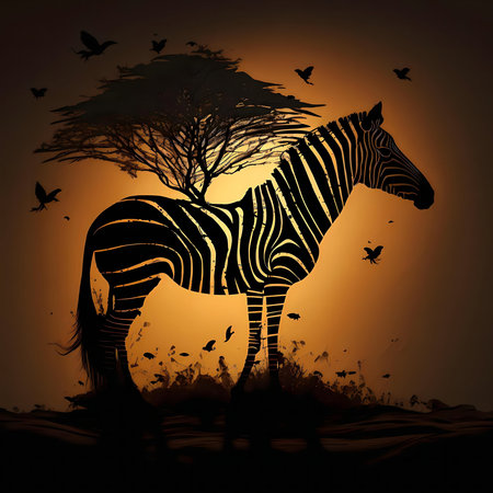 Zebra silhouette at sunset in African savannaの写真素材